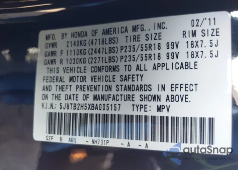 2011 Acura Rdx из США, поврежденный, VIN 5J8TB2H5XBA005157